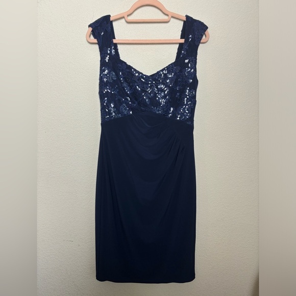 NWT Lauren Ralph Lauren Navy Blue Sequin and Lace Ruched Column Sheath Dress 10 - Picture 1 of 10